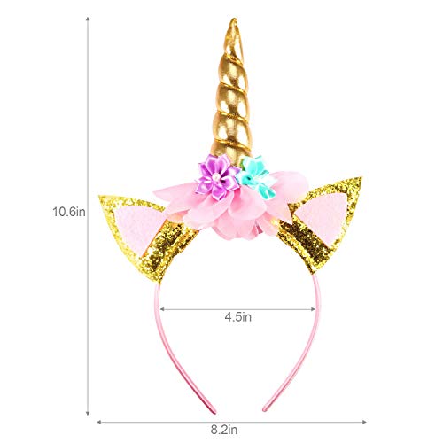 Funmo-4 Unids Diadema Unicornio ,niña Diadema de Cuerno de Unicornio Oro Brillante Orejas de Gato Flores Unicornio Diadema Accesorio Headwear para la Decoración del Partido Cosplay