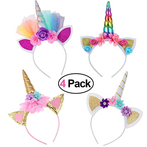 Funmo-4 Unids Diadema Unicornio ,niña Diadema de Cuerno de Unicornio Oro Brillante Orejas de Gato Flores Unicornio Diadema Accesorio Headwear para la Decoración del Partido Cosplay