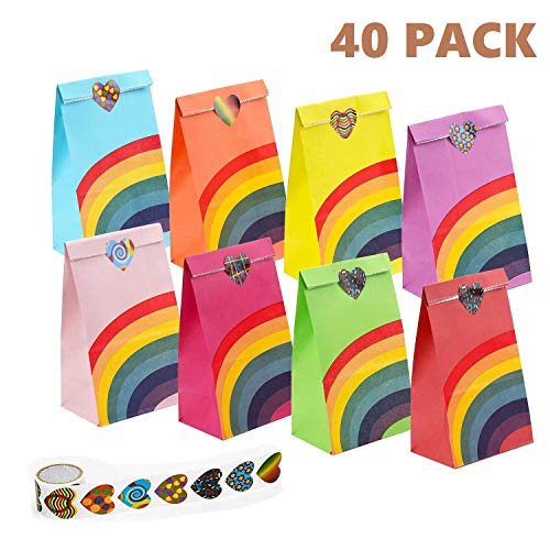 Funny House 40 PCS Bolsa de Fiesta Arco Iris, Papel Regalo Bolsas con 100 PCS Pegatina de Forma de Corazon , Fiesta de Cumpleaños Favores Bolsas para Niños Suministros Fiesta de Cumpleaños