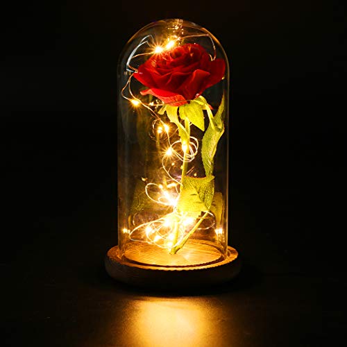 FunPa Rosa Eterna Roja, Rosas La Bella y la Bestia Rosa de Seda Roja y luz LED Flor en Cúpula Vidrio con Pedestal de Madera Boda Regalo para de Día de la Madre