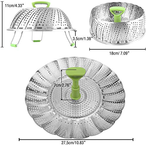 furein Cesta Vaporera Plegable de Acero Inoxidable, con Mango Extensible anticalor y Patas Antideslizantes, para Veganos, Frutas,Pescado y marisco (28CM)