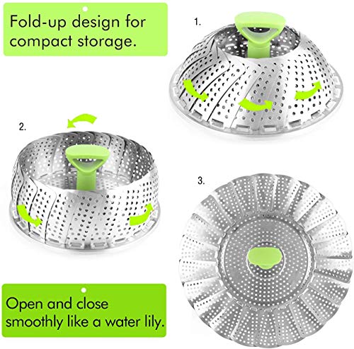 furein Cesta Vaporera Plegable de Acero Inoxidable, con Mango Extensible anticalor y Patas Antideslizantes, para Veganos, Frutas,Pescado y marisco (28CM)