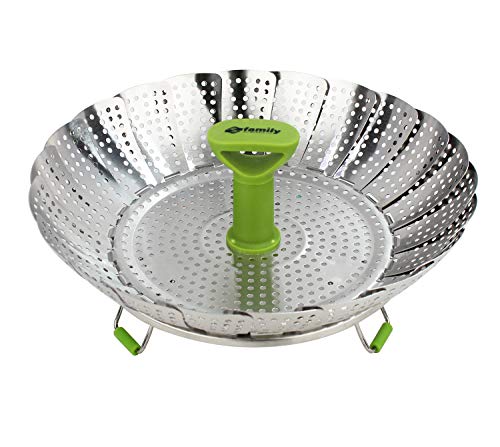 furein Cesta Vaporera Plegable de Acero Inoxidable, con Mango Extensible anticalor y Patas Antideslizantes, para Veganos, Frutas,Pescado y marisco (28CM)