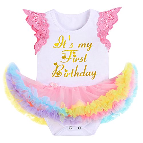 FYMNSI es mi primer cumpleaños bebé niña 1 año Outfit arco iris tul tutú princesa Body vestido + corona diadema + zapatos 3 piezas Set para fiesta de cumpleaños Fotoshooting Rosa 12-18 Meses