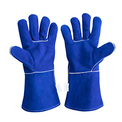 FZTEY resistente al calor prueba de fuego, guantes de soldadura de alta temperatura, soldadores de cuero largos guantes térmicos para barbacoa, mig, quemador de leña, chimenea (azul)