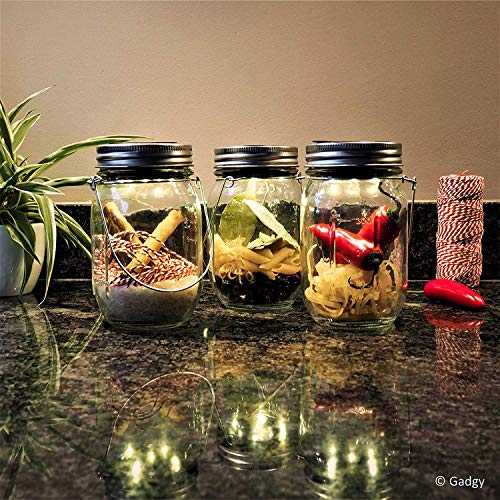 Gadgy ® farolillos decorativos | Lámpara Solar Mason Jar Tarro Cristal Set | 3 Piezes con 5 LED’s Luz Blanca Cálida | Jarra Jardín Exterior Interior Colgar Farol [Clase de eficiencia energética A++]