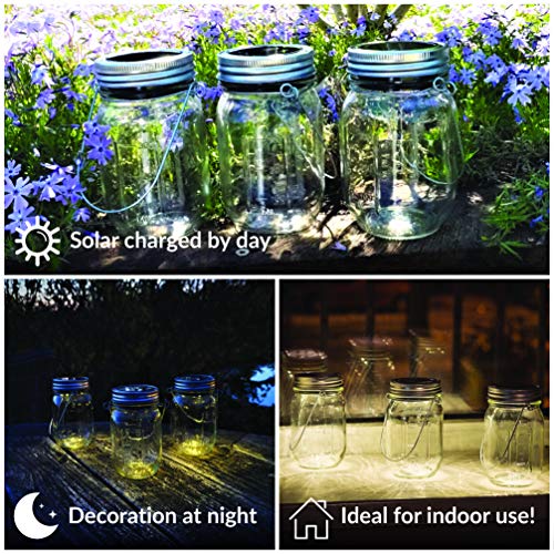 Gadgy ® farolillos decorativos | Lámpara Solar Mason Jar Tarro Cristal Set | 3 Piezes con 5 LED’s Luz Blanca Cálida | Jarra Jardín Exterior Interior Colgar Farol [Clase de eficiencia energética A++]