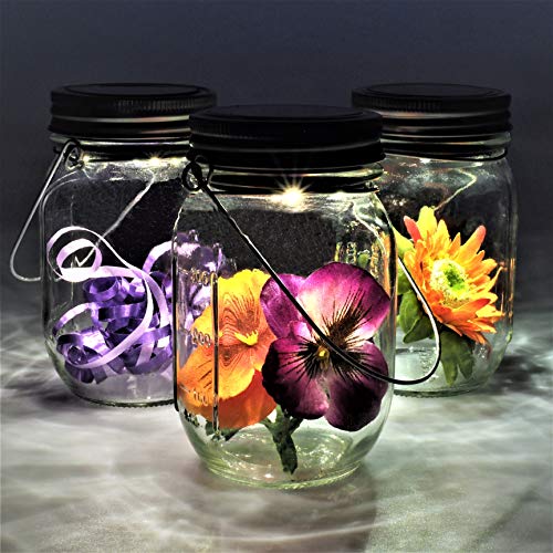 Gadgy ® farolillos decorativos | Lámpara Solar Mason Jar Tarro Cristal Set | 3 Piezes con 5 LED’s Luz Blanca Cálida | Jarra Jardín Exterior Interior Colgar Farol [Clase de eficiencia energética A++]