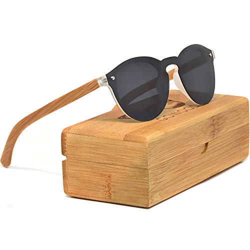 Gafas de sol redondas de madera de bambú para mujeres y hombres con lentes polarizadas de estilo especial de una pieza, color negro