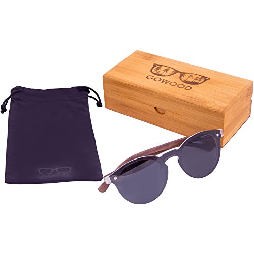 Gafas de sol redondas reflectantes de madera para mujeres y hombres con lentes polarizadas de estilo especial de una pieza y con caja de madera