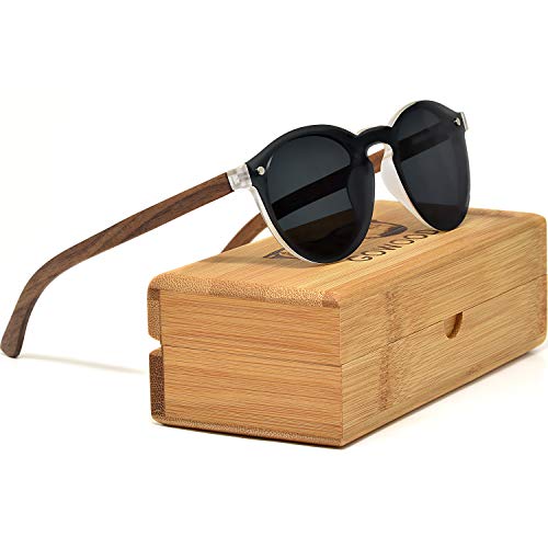 Gafas de sol redondas reflectantes de madera para mujeres y hombres con lentes polarizadas de estilo especial de una pieza y con caja de madera