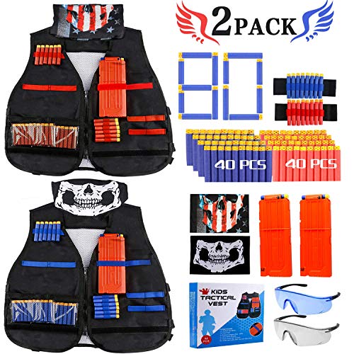 Gaflid Niños Chaleco Táctico, 2 Kit de Chaleco Táctico Nerf N-Strike Elite Series Juguetes Tácticos con 80 Espuma Dardos, 2 Quick Reload Clips, 4 Bullet Wrist Bands, 2 Scarf Mask, 2 Gafas