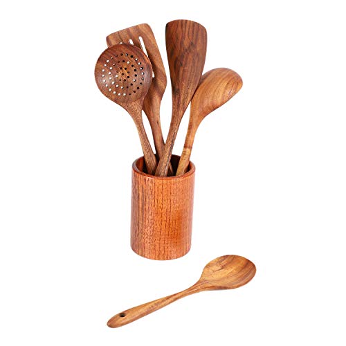 Gaoominy Set de Utensilios Cocina Utensilios Madera y Almacenamiento Barril Madera - EspáTula y Cucharas Madera Dura Antiadherentes Naturales - Cuchara Duradera y EcolóGica (Juego de 6)