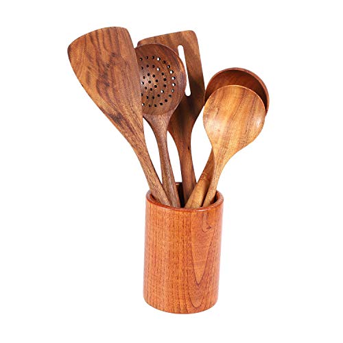 Gaoominy Set de Utensilios Cocina Utensilios Madera y Almacenamiento Barril Madera - EspáTula y Cucharas Madera Dura Antiadherentes Naturales - Cuchara Duradera y EcolóGica (Juego de 6)