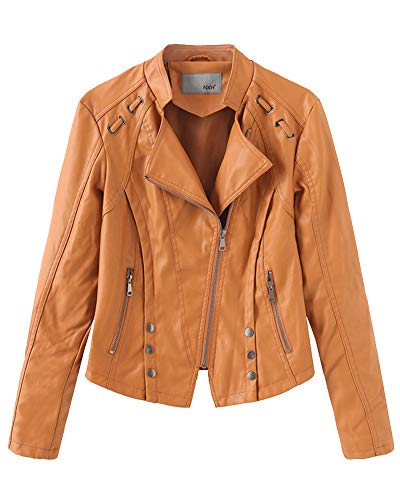 GELing Bandit PU Biker Chaqueta para Mujer，Jengibre,L