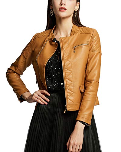 GELing Chaqueta de Cuero de imitación para Mujer，Jengibre,S