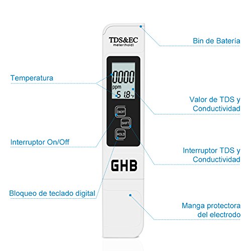 GHB Medidor de Conductividad del Agua con Pantalla LCD Multifuncional Medidor TDS EC