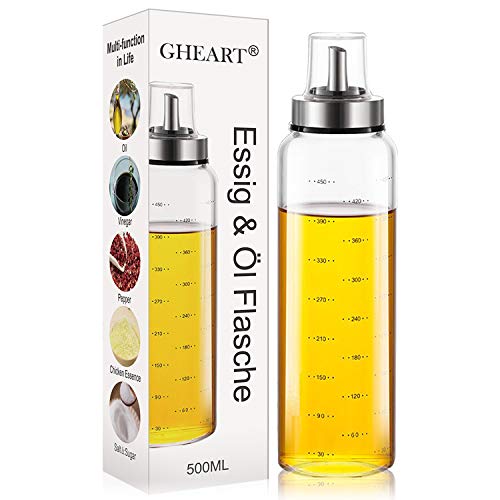 GHEART - Aceitera y vinagre y aceite de oliva de acero inoxidable y cristal, recipiente para barbacoa, cocina, barbacoa, pasta, antigoteo y apto para lavavajillas (500 ml)