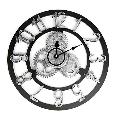 Gigicloud- Reloj de pared grande industrial europea vintage con números grandes, reloj de pared de metal no tictacante, para casa, salón, cocina, dormitorio y cueva, plata 32 cm