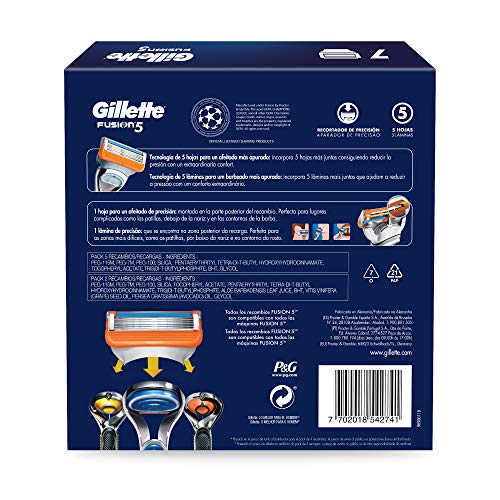 Gillette Fusion5 Cuchillas de Afeitar Pack Ahorro Champions League, Paquete de 7 Cuchillas de Recambio