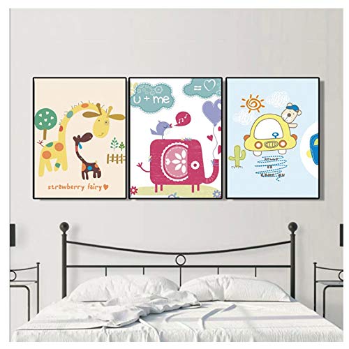 GIRDSS Pintura de Lienzo Caligrafía Hada de Fresa Carteles de Dibujos Animados Imágenes de Arte de Pared para Sala de Estar Decoración para el hogar-40x60cmx3 sin Marco