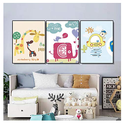 GIRDSS Pintura de Lienzo Caligrafía Hada de Fresa Carteles de Dibujos Animados Imágenes de Arte de Pared para Sala de Estar Decoración para el hogar-40x60cmx3 sin Marco