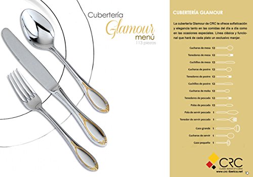 Glamour, cubertería de 113pzs diseñada en acero con motivos dorados en blister + JUEGO DE CAFÉ DE REGALO