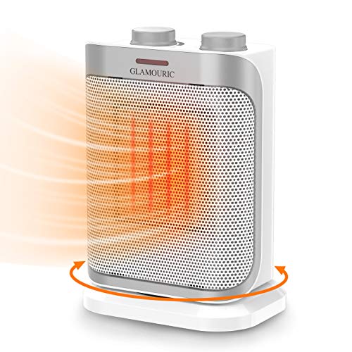 GLAMOURIC Calefactor de Cerámica, PTC Calefactor Oscilante de Cerámica, 2 Ajustes de Calor, 750 W / 1500 W, Protección contra Sobrecalentamiento, Color Blanco y Plateado