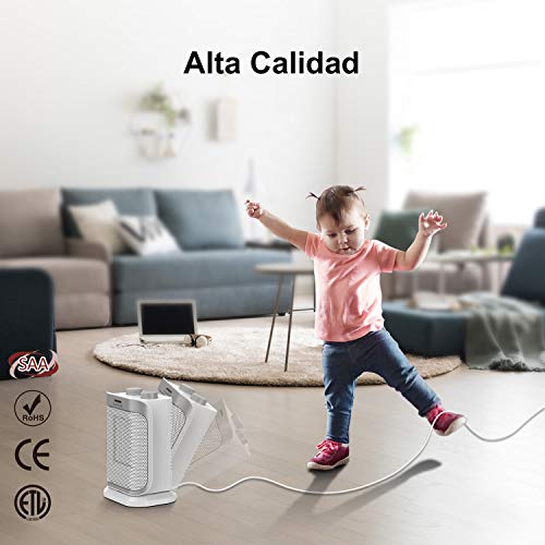 GLAMOURIC Calefactor de Cerámica, PTC Calefactor Oscilante de Cerámica, 2 Ajustes de Calor, 750 W / 1500 W, Protección contra Sobrecalentamiento, Color Blanco y Plateado