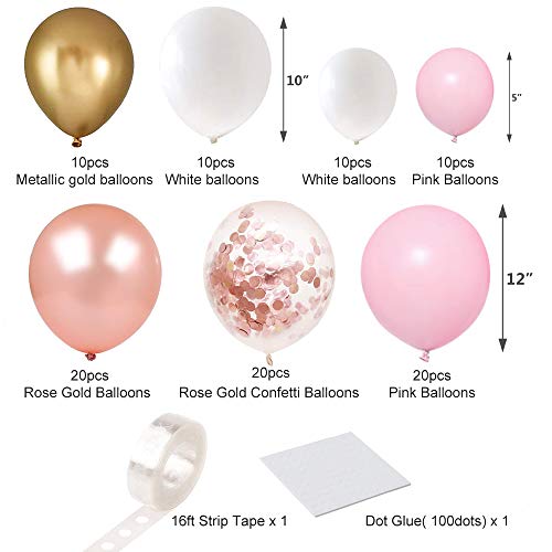 Globos de Oro Rosa, 100 Globos de Látex de Confeti de Oro Blanco y Rosa con Cinta y Pegamento de Lunares para Decoraciones de Bodas y Cumpleaños