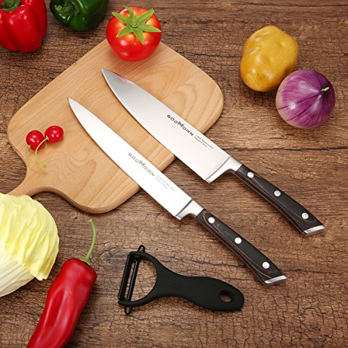 Godmorn X50CrMov15 - Juego de Cuchillos de Chef (3 Piezas, Cuchilla Alemana de Acero Inoxidable + Mango de Madera de Pokka, Cuchillo de Chef de 20,3 cm + Cuchillo de Utilidad de 20,3 cm