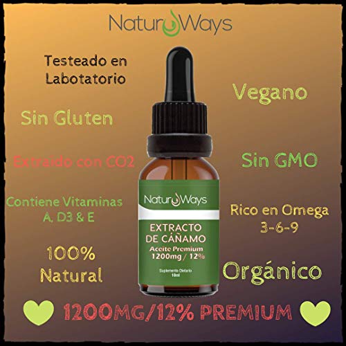 Gotas de Extracto de Cáñamo Orgánico 1200Mg (12%) | Alivia el estrés, dolor y ansiedad | 10ml Vegano & Vegetariano | Espectro Completo | Extraído con Co2 | Hecho en EU | Por NaturWays