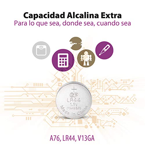 GP - Pack de 20 Pilas LR44 alcalinas de botón - Pilas A76 / AG13 / 357 / GP76A / SR44W 1,5V | Ideales para Relojes, calculadoras, Juguetes, linternas, Luces nocturnas, etc