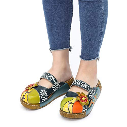 gracosy Zuecos Cuero Mujer, Zapatos Cuña Verano 2020 Tacon Plataforma Bohemias Casual Boda Fiesta Sandalias Mules Vestir con Flor Niña Azul Rojo Verde Gris Grandes