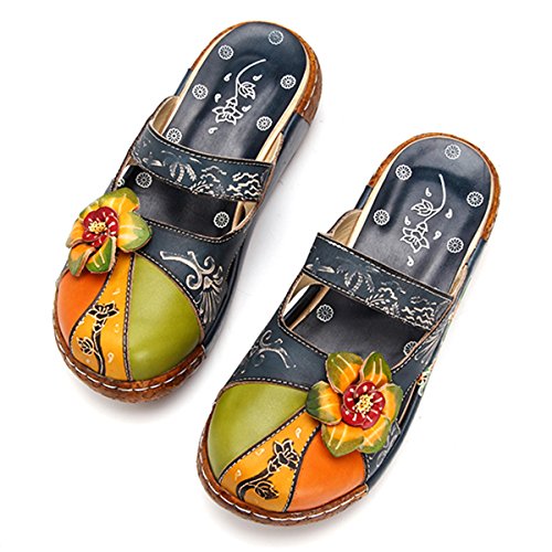 gracosy Zuecos Cuero Mujer, Zapatos Cuña Verano 2020 Tacon Plataforma Bohemias Casual Boda Fiesta Sandalias Mules Vestir con Flor Niña Azul Rojo Verde Gris Grandes