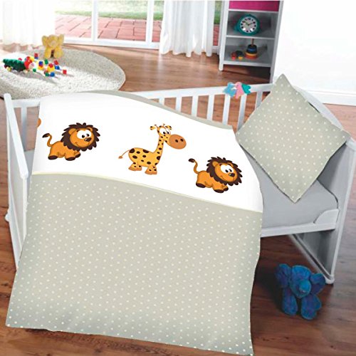 Gräfenstayn® 2 piezas Juego de cama para niños con motivos de animales y cremallera integrada hecha de 100% algodón, funda nórdica de 135x100 cm y funda de almohada de 60 x 40cm (Jirafa & León)