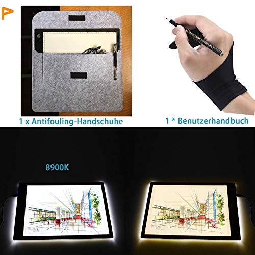 (Gratuito：1×Guante，1×bolsa para portátil) Mesa de Luz A4 LED,Tableta de Luz, 5mm Super Delgado y Brillo Ajustable en (De brillante a oscuro) Portátil para calcar con USB Carga Táctil Plana