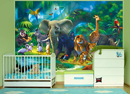 GREAT ART Mural De Pared Cuarto De Los Niños – Animales De La Selva – Zoo Naturaleza Safari Aventura Tigre León Elefante Mono Loro Papel Pintado Y Tapiz Y Decoración (336 x 238 cm)