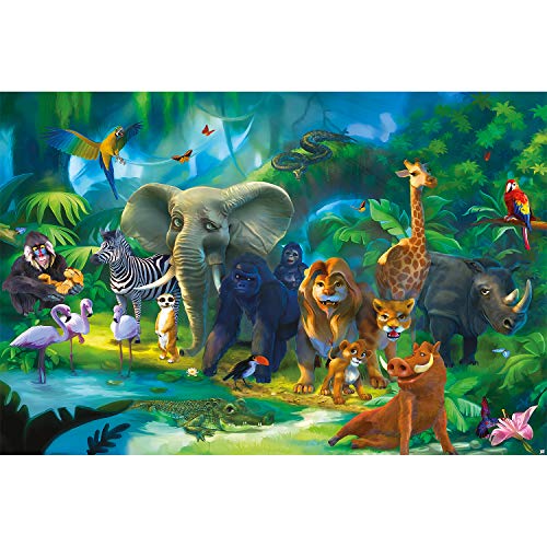 GREAT ART Mural De Pared Cuarto De Los Niños – Animales De La Selva – Zoo Naturaleza Safari Aventura Tigre León Elefante Mono Loro Papel Pintado Y Tapiz Y Decoración (336 x 238 cm)