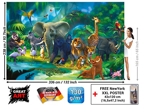 GREAT ART Mural De Pared Cuarto De Los Niños – Animales De La Selva – Zoo Naturaleza Safari Aventura Tigre León Elefante Mono Loro Papel Pintado Y Tapiz Y Decoración (336 x 238 cm)