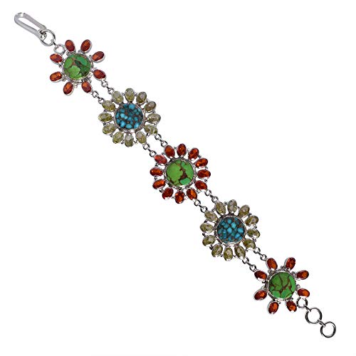 Green Mohave - Pulsera para mujer con piedras preciosas de cobre turquesa y turquesa, cobre azul, peridoto, granate, plata de ley 925 maciza, FSJ-4841