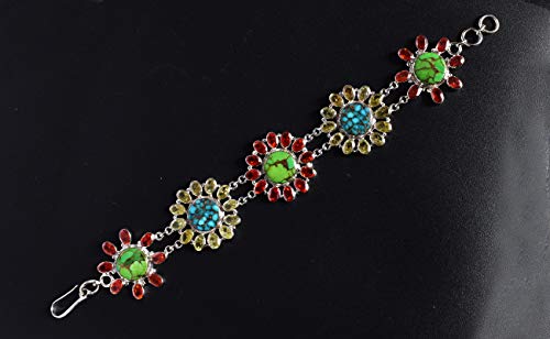 Green Mohave - Pulsera para mujer con piedras preciosas de cobre turquesa y turquesa, cobre azul, peridoto, granate, plata de ley 925 maciza, FSJ-4841