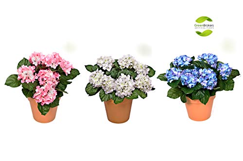 GreenBrokers Hortensia Artificial en Maceta de Color Terracota (46 cm de Altura), Color Azul