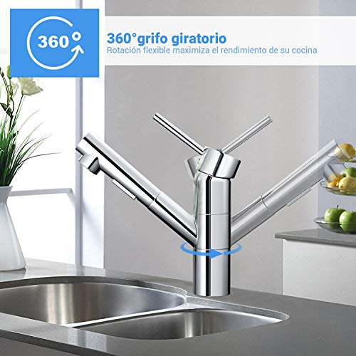 Grifo de Cocina, DALMO DBKF03KY Grifo Cocina Extraíble con Caño Giratorio de 2 Modos de Rociador Desplegable, Grifo para Fregadero de Latón sin Plomo con Manguera de Acero Inoxidable