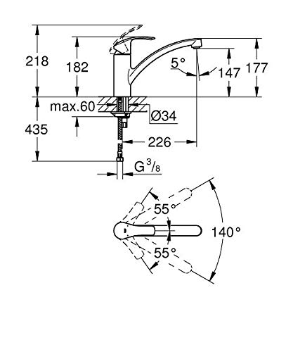 Grohe Eurosmart 33281002 - Grifo de Cocina, Ángulo de Giro de 140°, Acabado Grohe StarLight, Sistema Easy Exchange Mousseur, Conductos Internos independientes