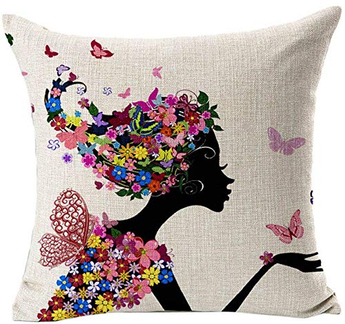 Gspirit 4 Pack Niña Flor Algodón Lino Throw Pillow Case Funda de Almohada para Cojín 45x45 cm