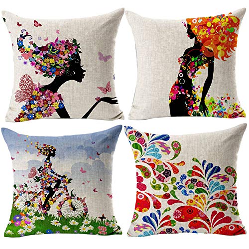 Gspirit 4 Pack Niña Flor Algodón Lino Throw Pillow Case Funda de Almohada para Cojín 45x45 cm