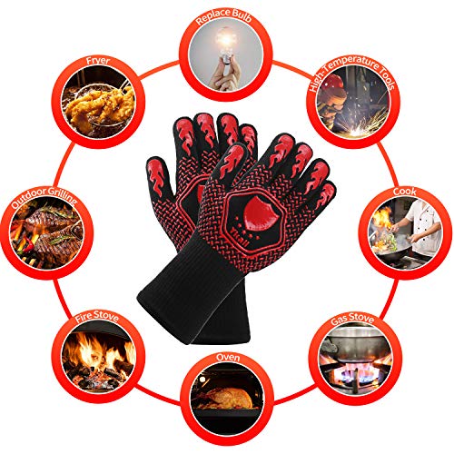 Guantes de Barbacoa, Resistentes Al Calor Extremo Guantes de Cocina Antideslizante para Horno Microondas, Parrilla, Cocina, Chimenea y Carbón, EN407 Protege hasta 800 °C Oven Gloves Resistencia