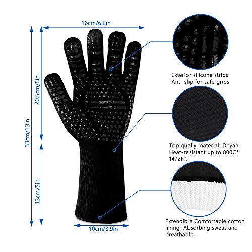 Guantes de Barbacoa Resistentes al calor hasta 500 ° C,Guantes para Horno,Guantes de Cocina,Guantes Ignifugos,Guante Silicona Antideslizante para Horno Microondas y Parrilla,Cocinar Chimenea Hornear