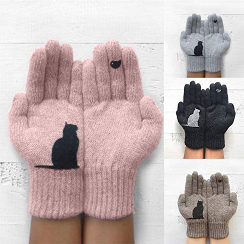 Guantes de equitación Xiuinserty para hombres y mujeres, manoplas de patchwork de invierno de lana sintética gruesa y cálida, guantes de punto de dibujos animados para gato y pájaro caqui